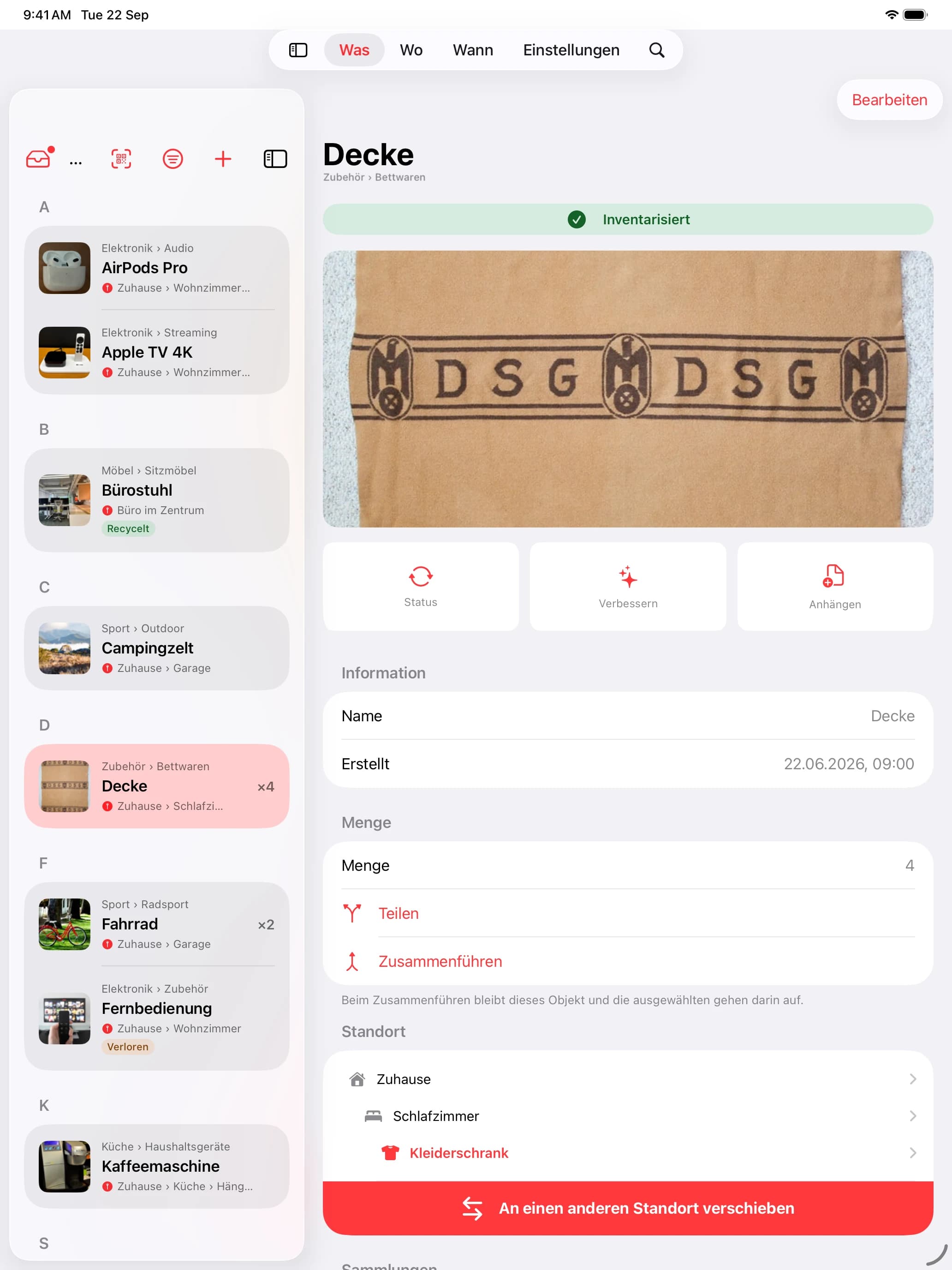 Whateren auf dem iPad: die Inventarliste neben Foto, Details und Standort des ausgewählten Gegenstands