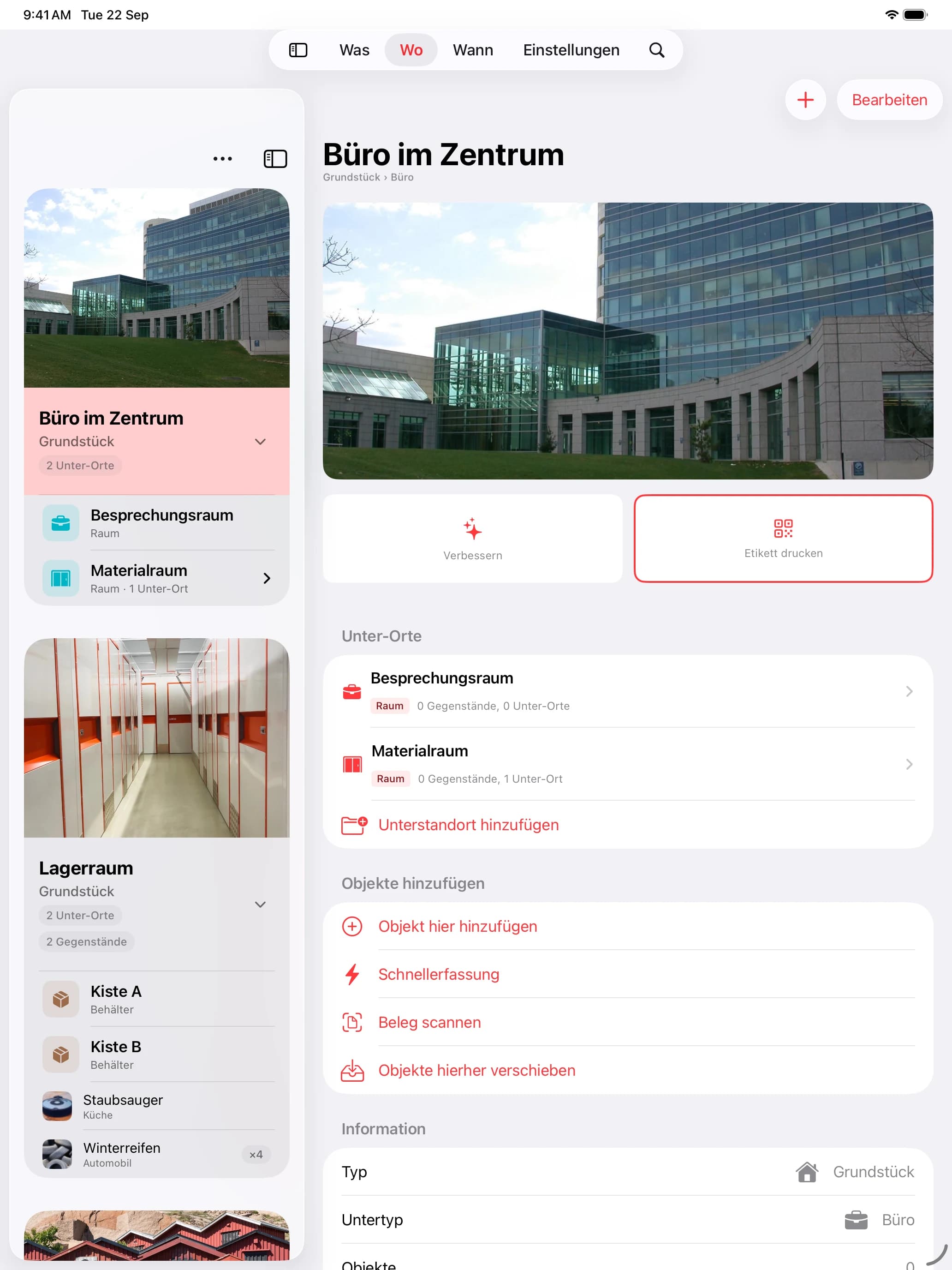 Whateren auf dem iPad in Split View, links die Orte, rechts ihr Inhalt