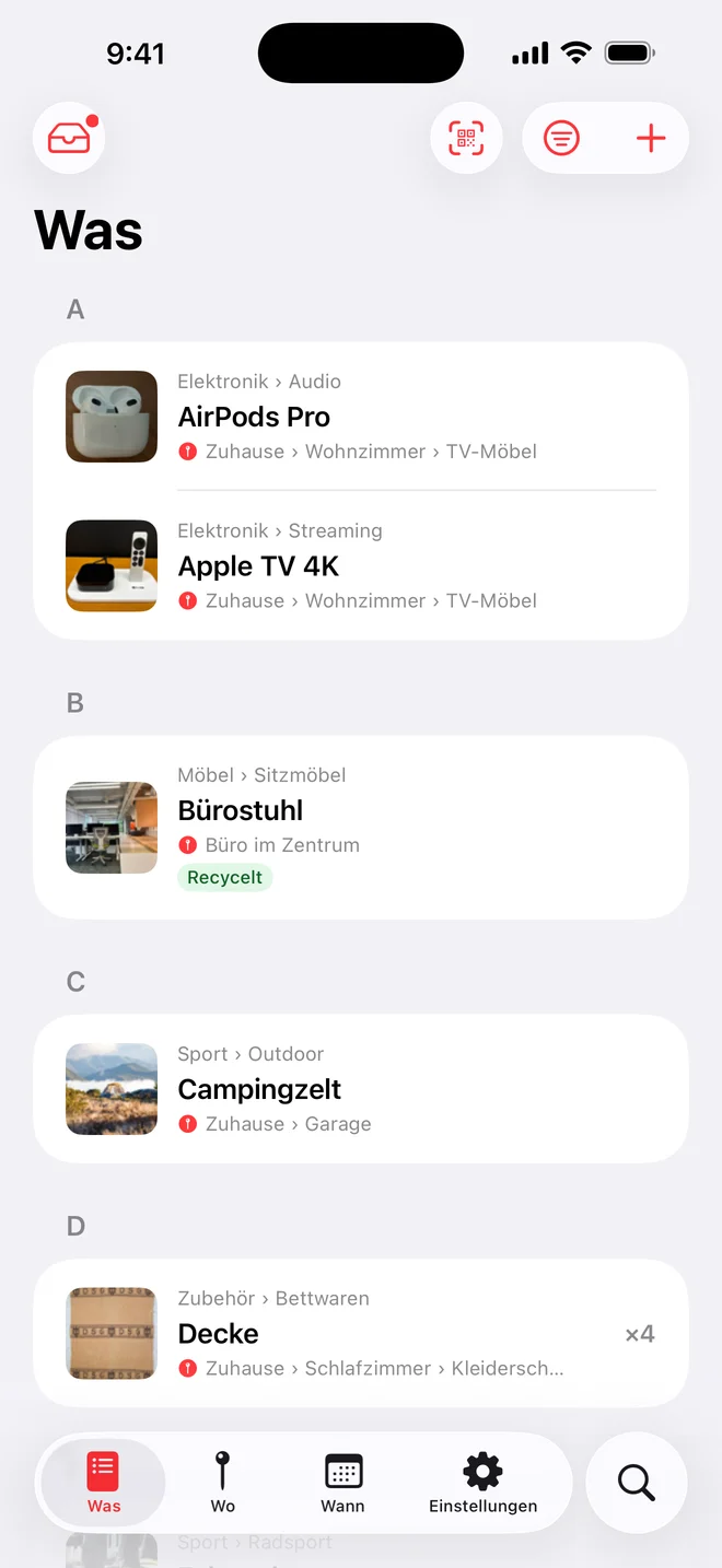 Tab Was in Whateren: alphabetisch gruppierte Gegenstände, jeder mit Foto, Kategorie und Ort