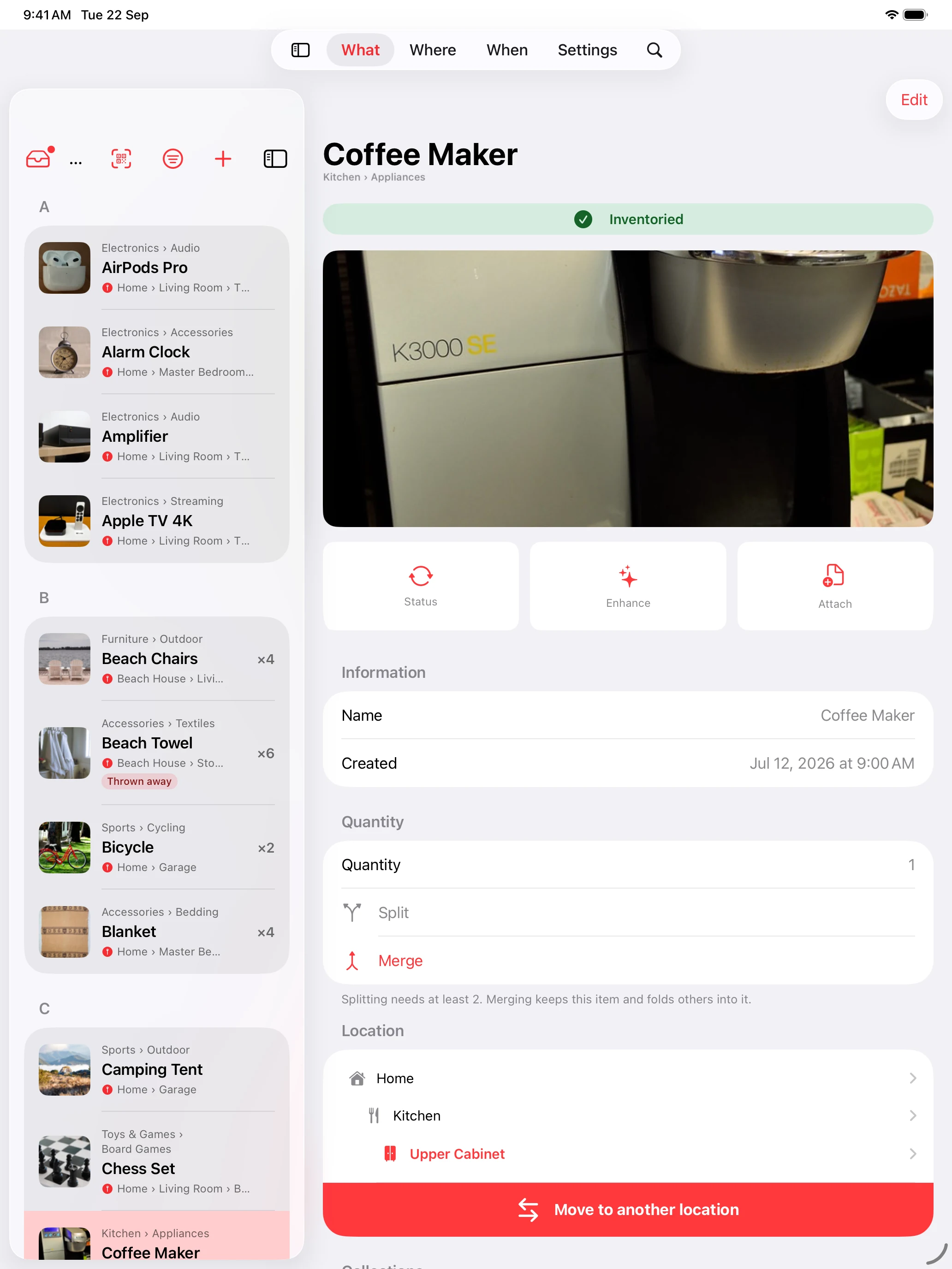 Whateren on iPad: the inventory list alongside a selected item’s photo, details and location