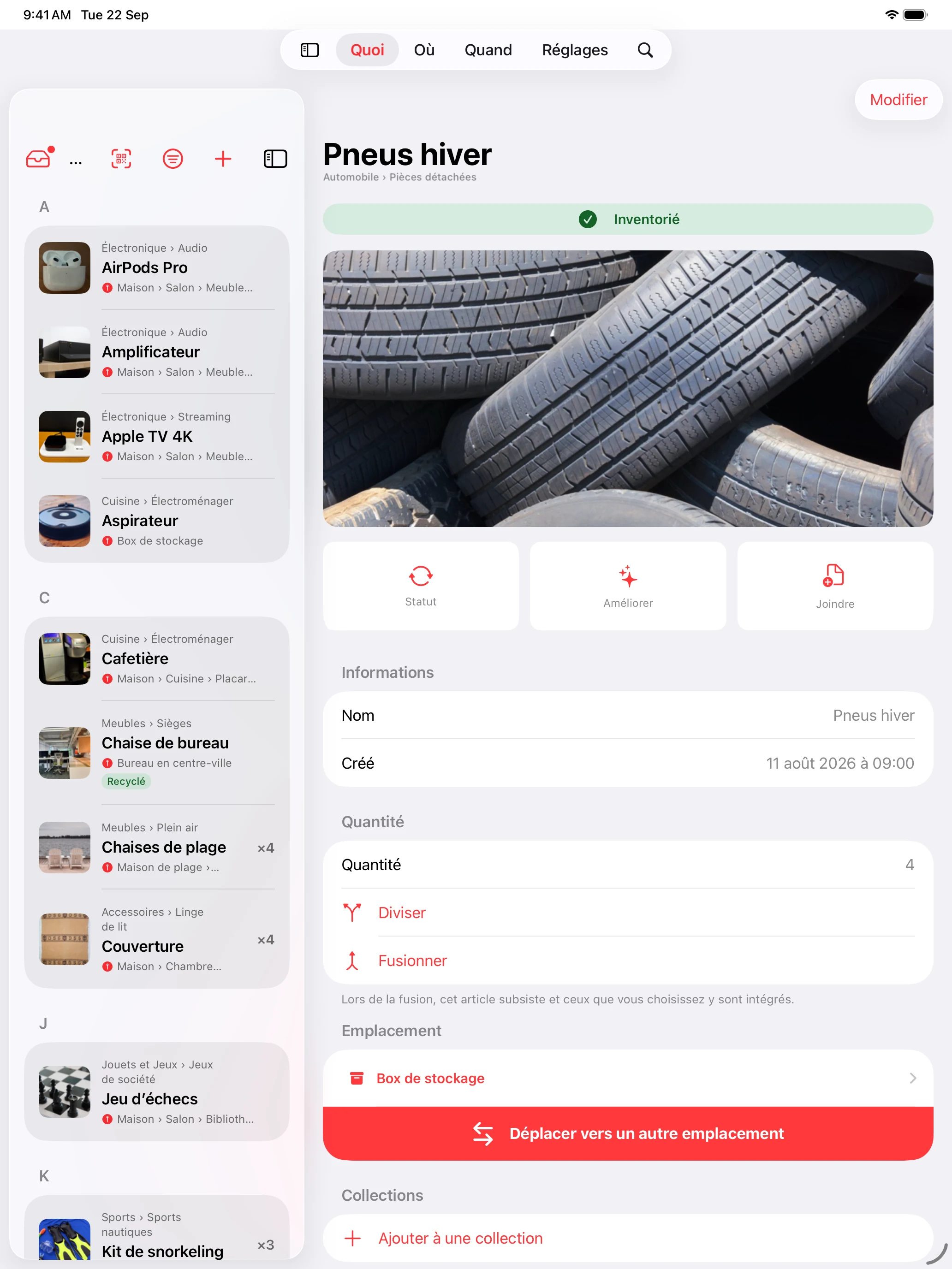 Whateren sur iPad : l’inventaire à côté de la photo, des détails et de l’emplacement de l’objet sélectionné