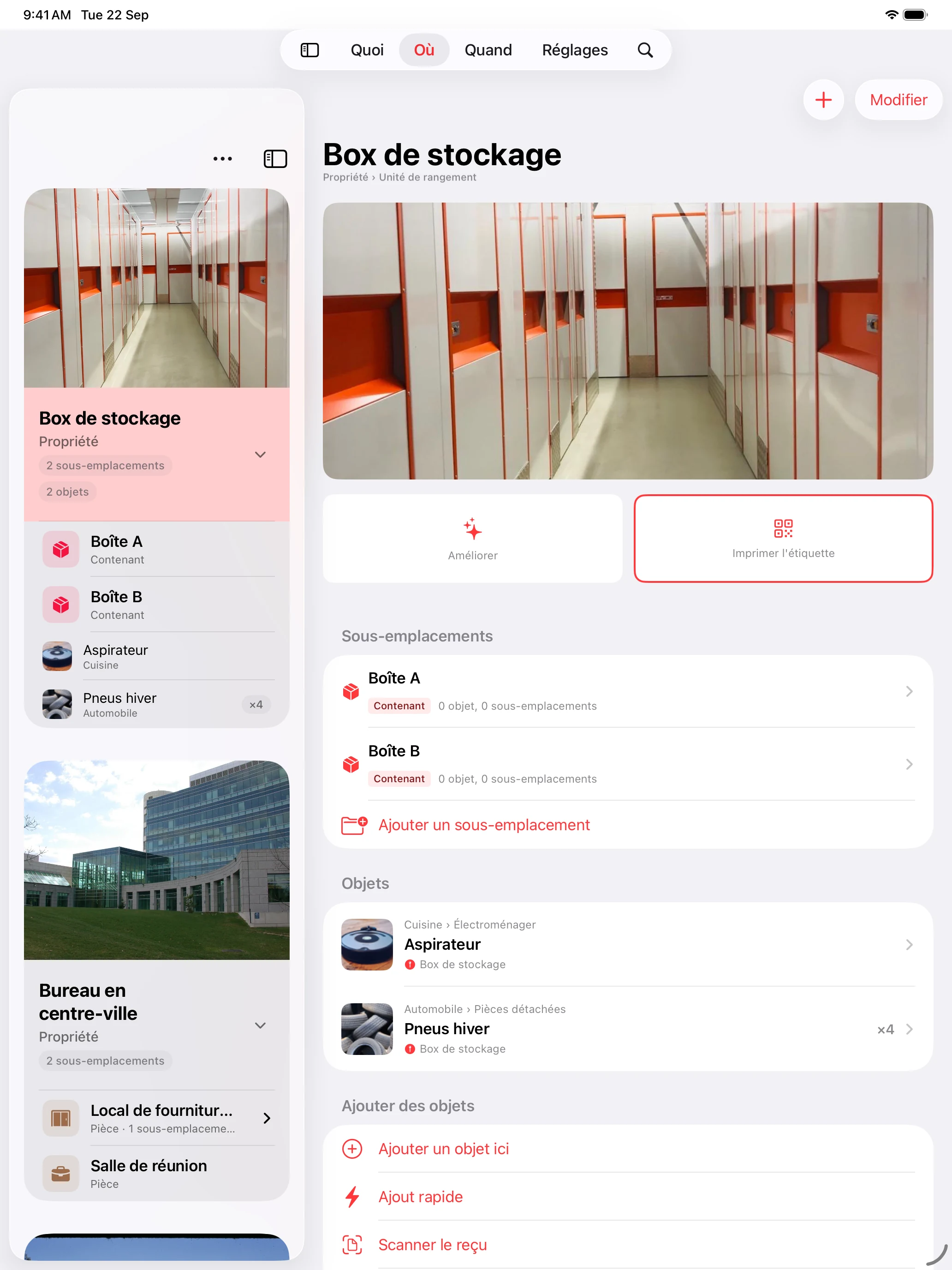 Whateren sur iPad en vue partagée, les lieux à gauche et leur contenu à droite