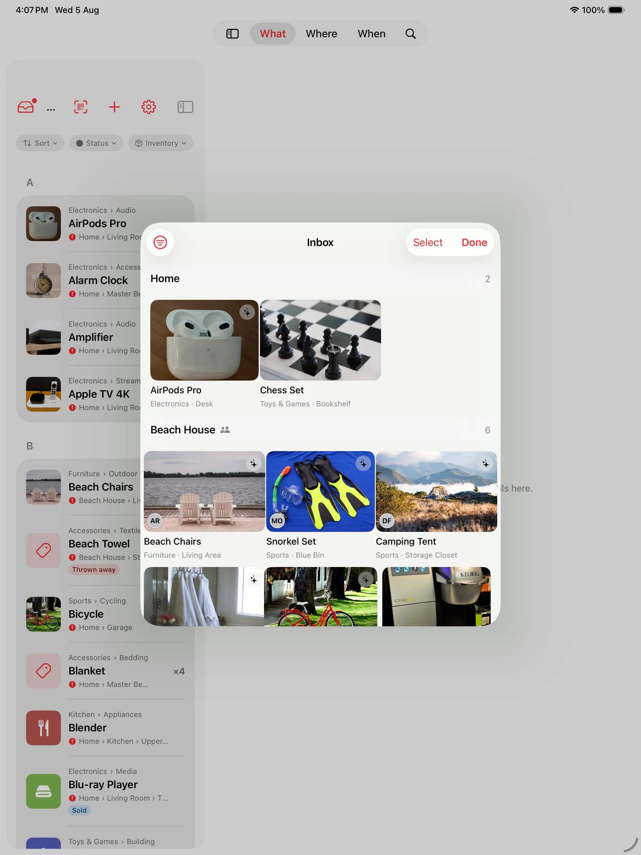 Boîte de réception de Whateren sur iPad avec des brouillons capturés par plusieurs personnes sur une propriété partagée