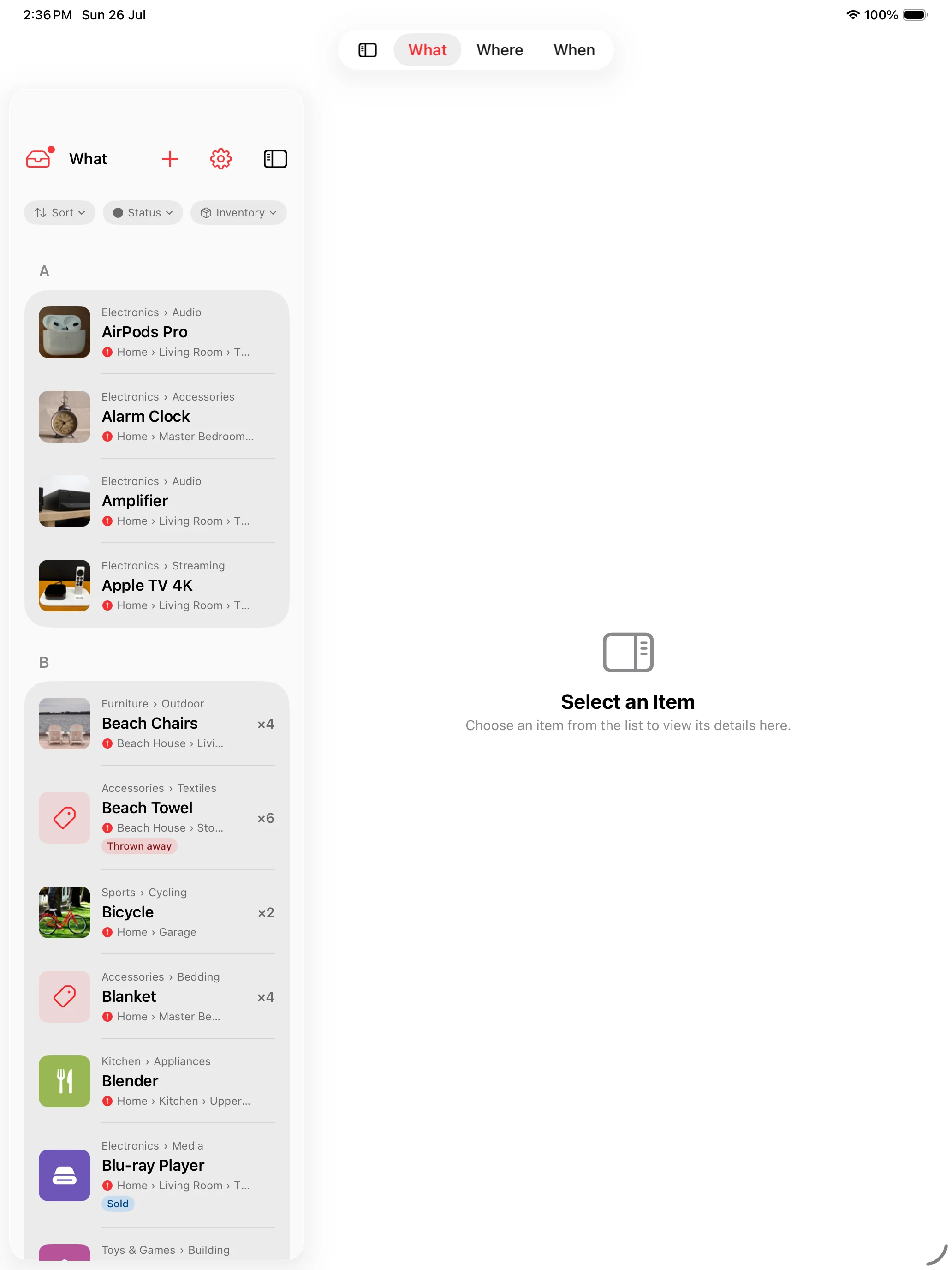 Whateren on iPad: the whole inventory in a multi-column layout, grouped alphabetically
