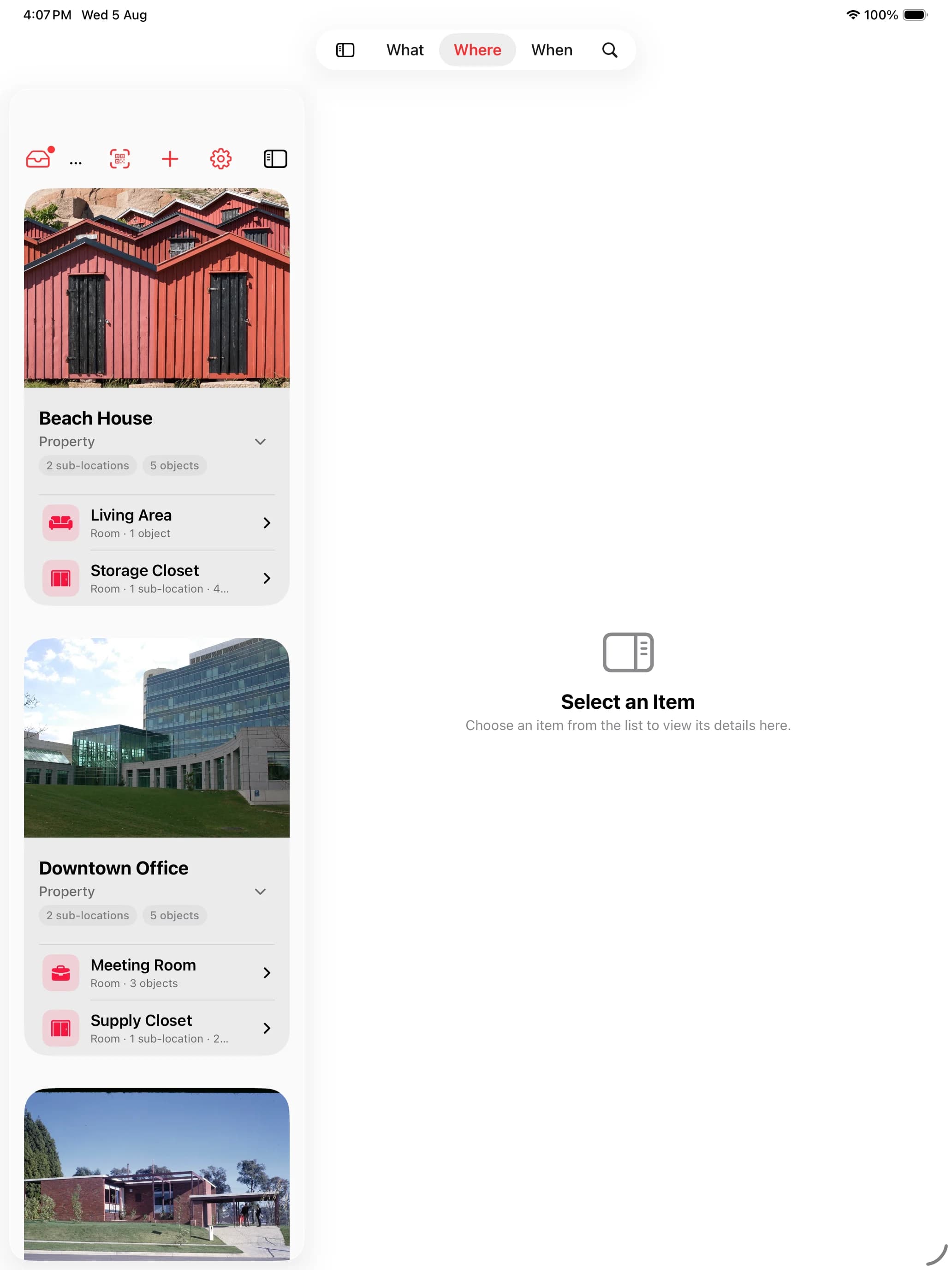 Whateren sur iPad en vue partagée, les lieux à gauche et leur contenu à droite