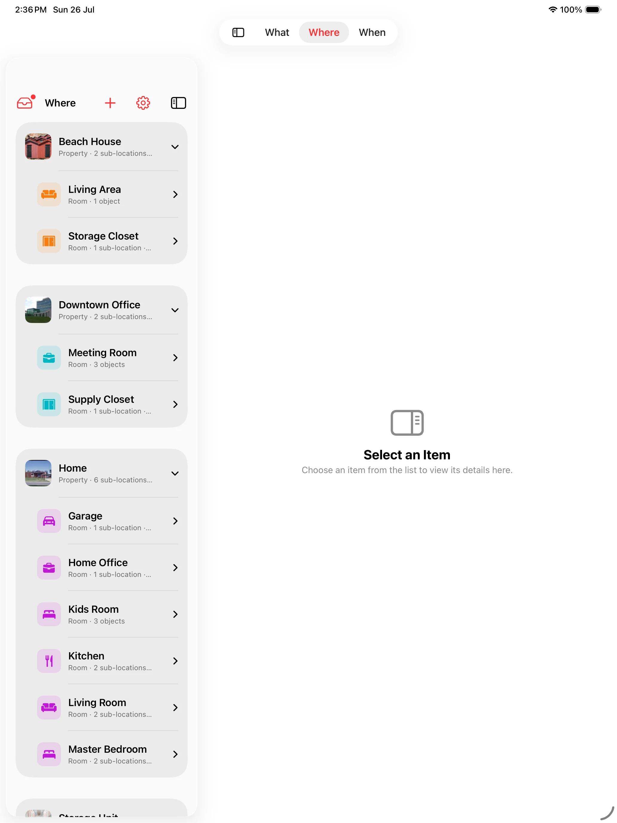 Whateren on iPad in split view, places on the left and their contents on the right
