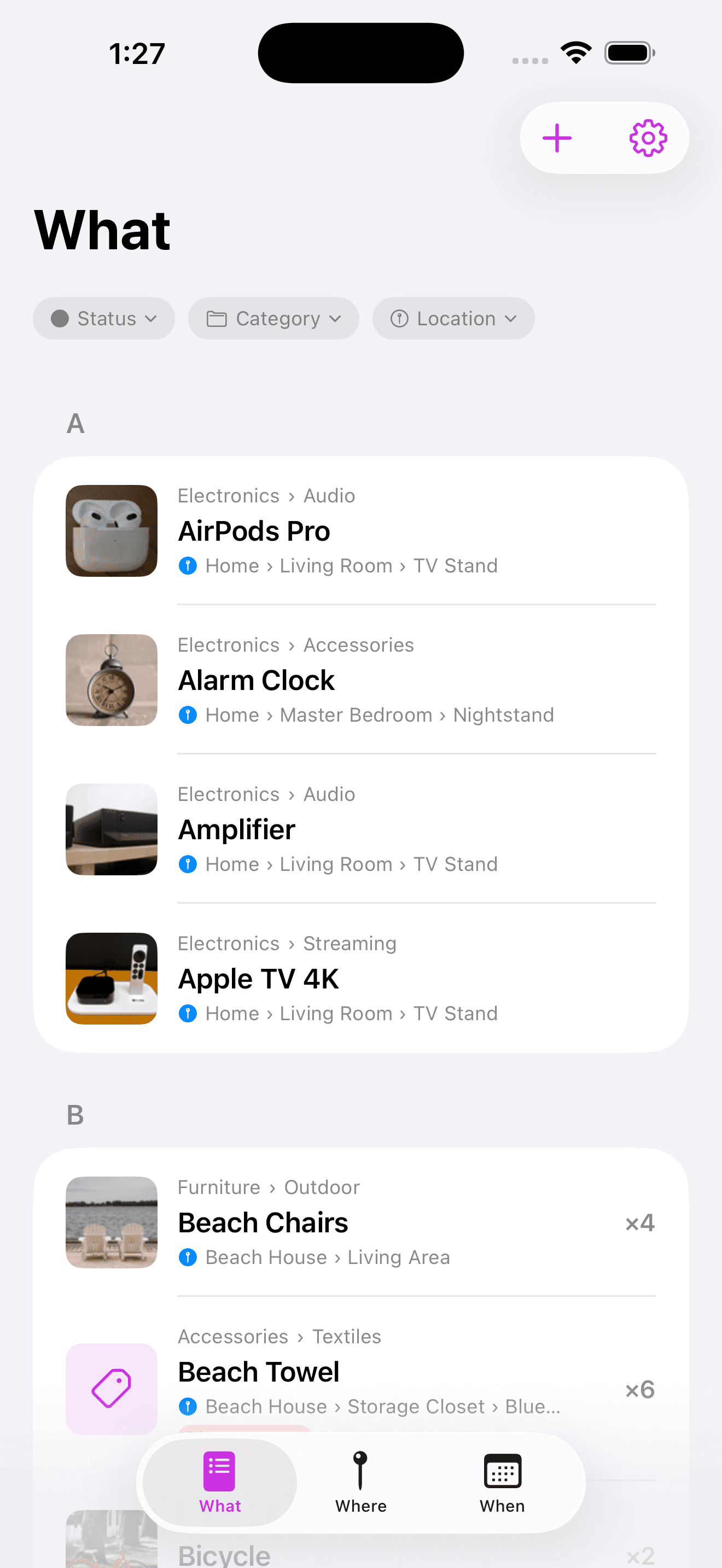iPhoneで家の持ち物を検索できるWhaterenのアイテム一覧
