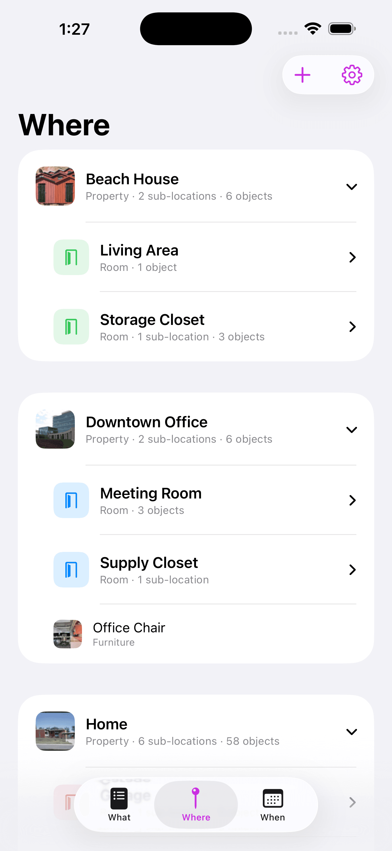 Whateren Where tab: nested location hierarchy for a home