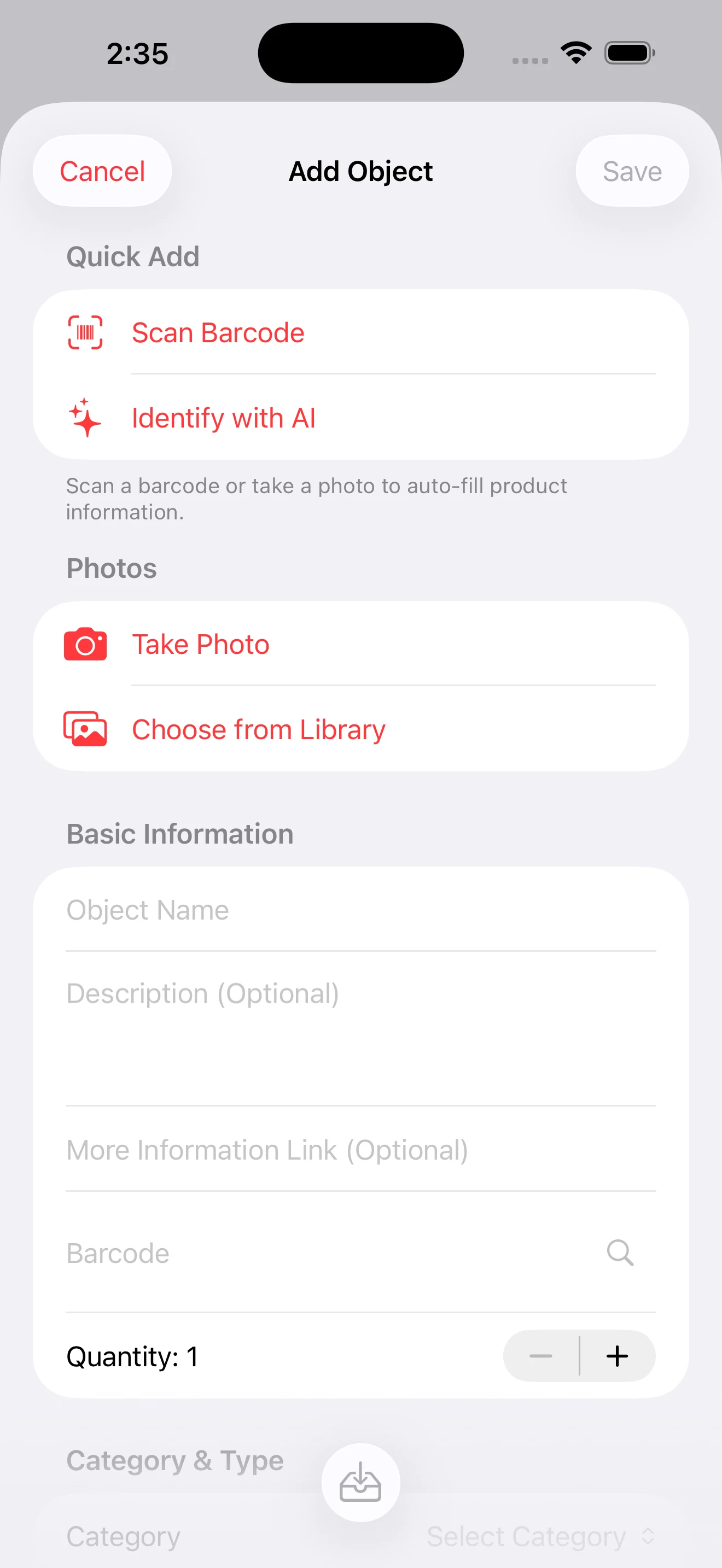 Whateren add item form on iPhone with photos, category, place and price fields