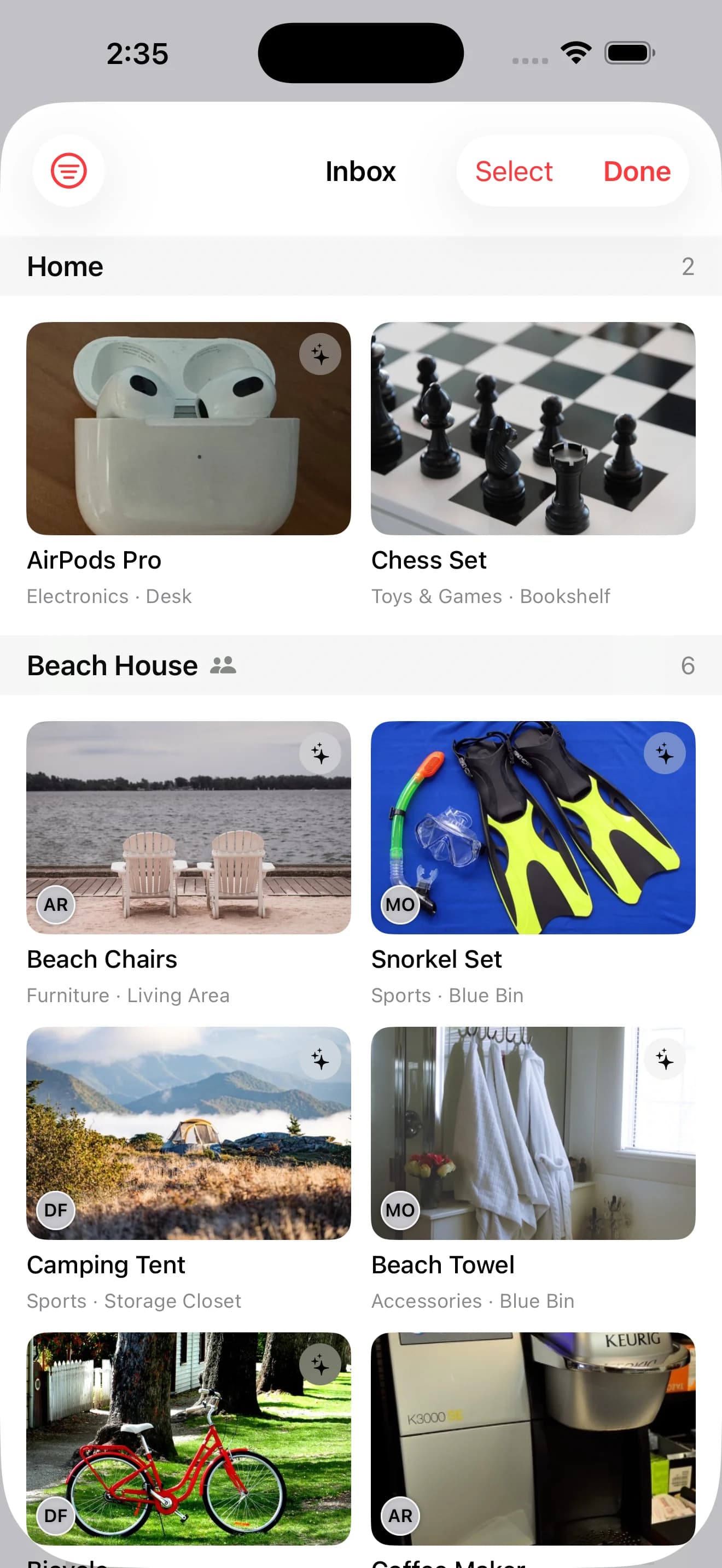 Whateren Inbox on iPhone: captured drafts grouped by property, each waiting for review