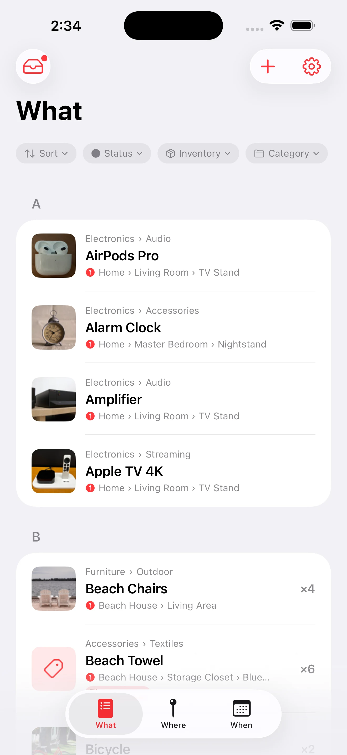 Whateren on iPhone showing the What tab: a searchable list of items with photos, categories and the place each one lives in