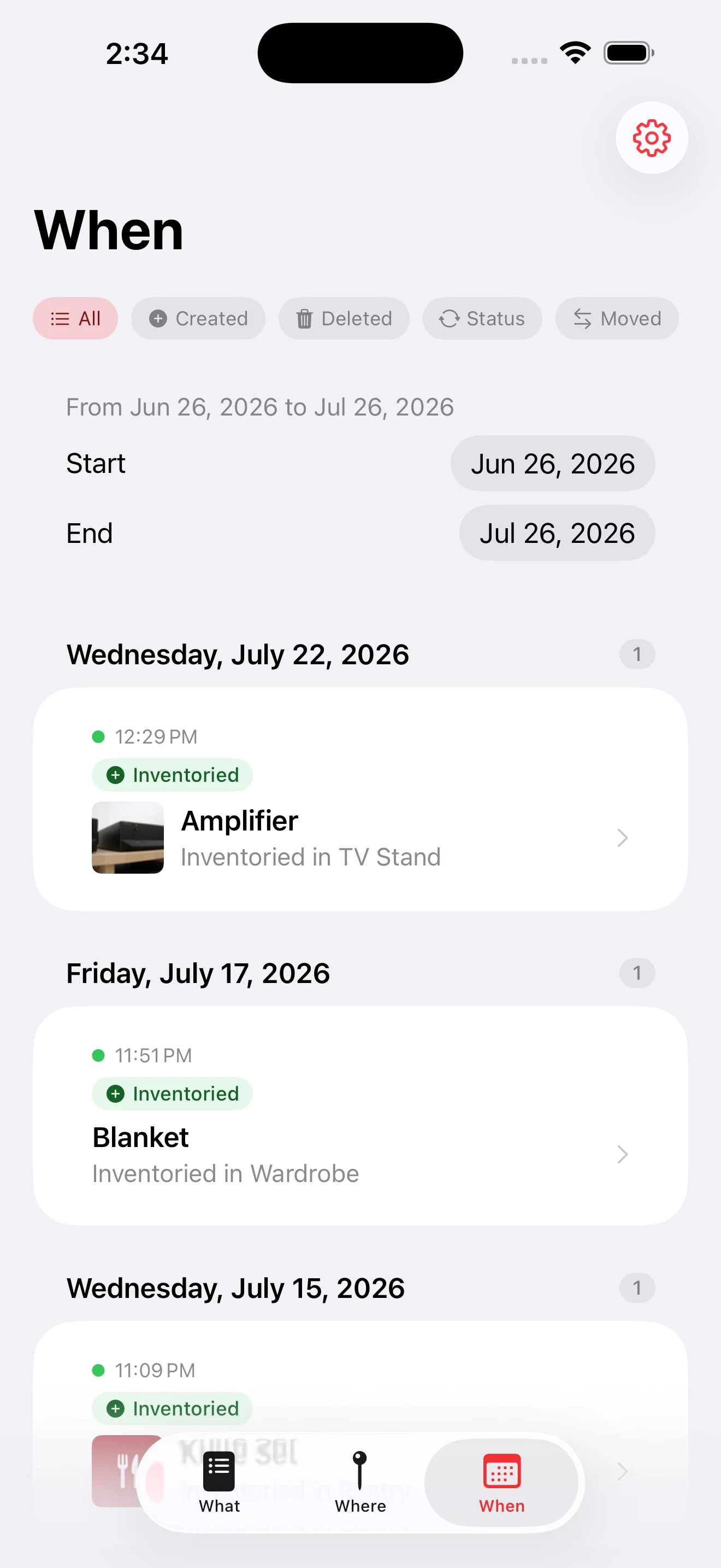 Whateren When tab: a chronological timeline of inventory changes grouped by day