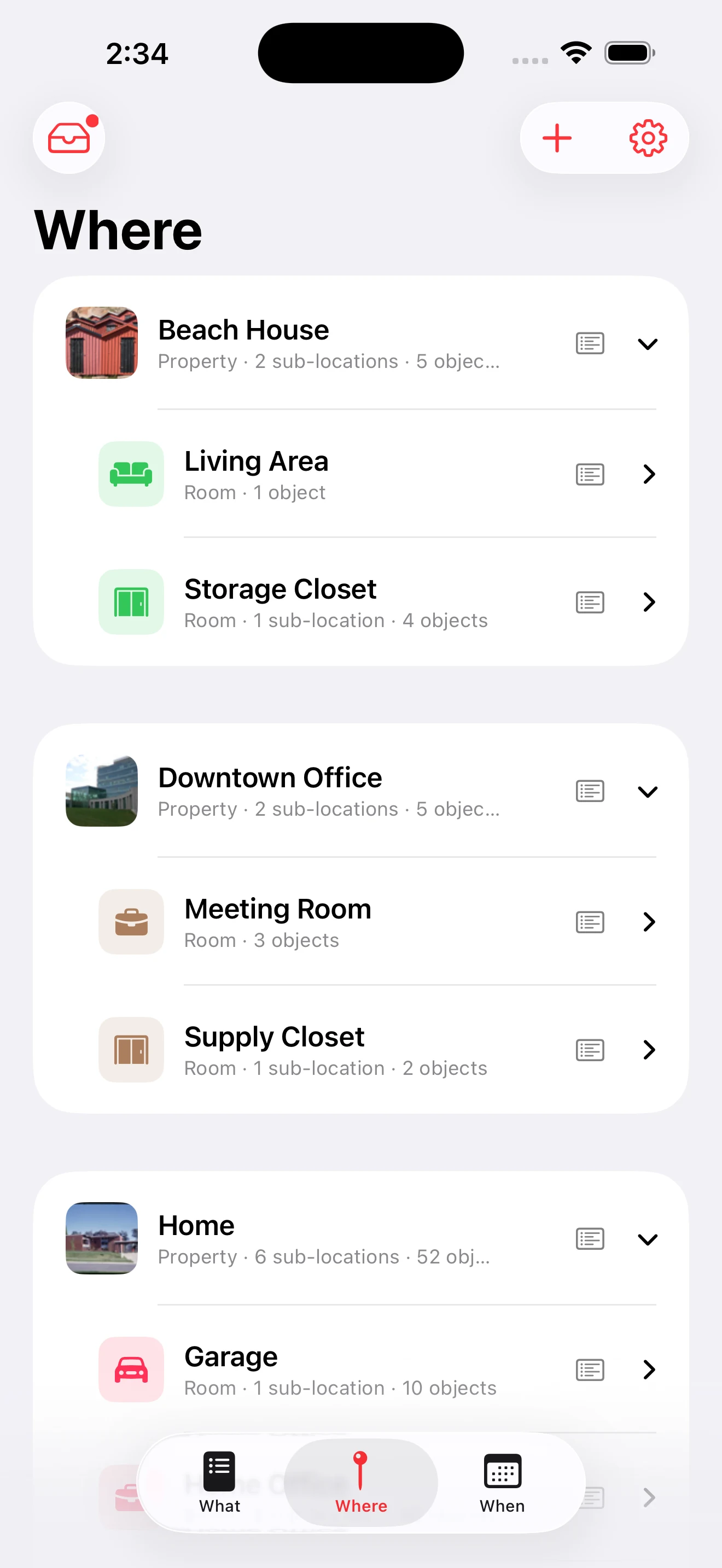 Whateren Where tab: a nested tree of properties, rooms and storage with item counts
