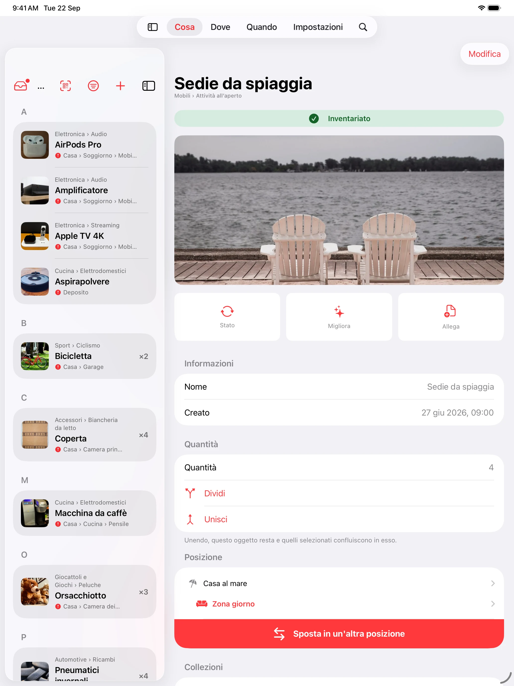 Whateren su iPad: l’inventario accanto alla foto, ai dettagli e alla posizione dell’oggetto selezionato