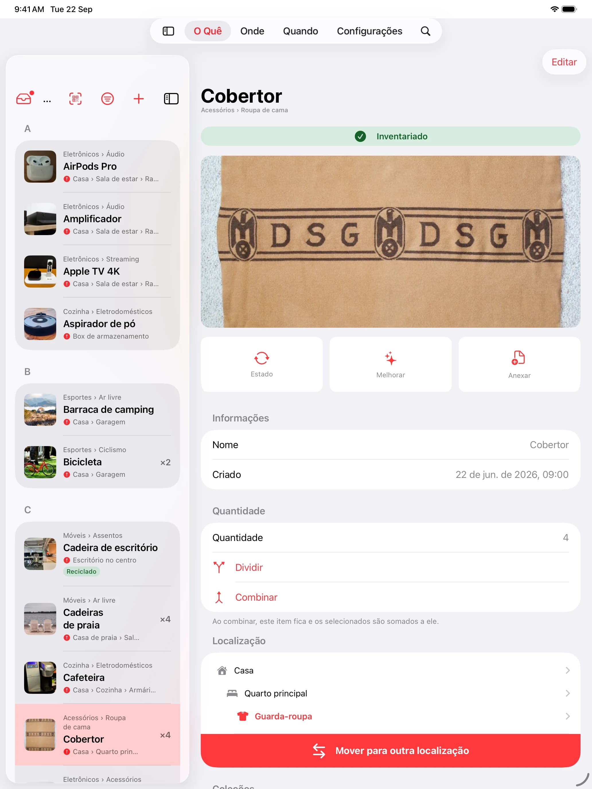 Whateren no iPad: o inventário ao lado da foto, dos detalhes e da localização do item selecionado