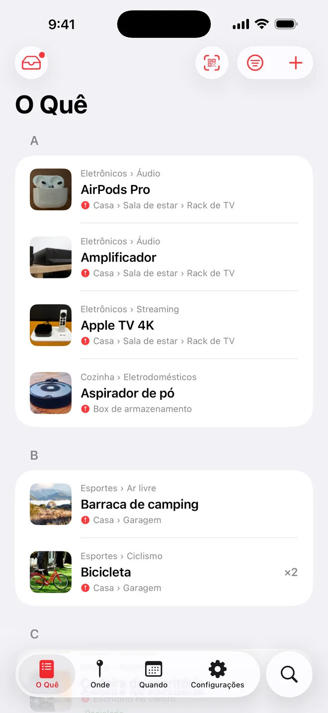 Aba O Quê do Whateren: objetos agrupados em ordem alfabética, cada um com foto, categoria e localização
